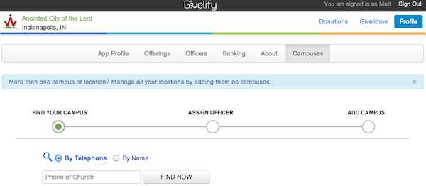 Multi-Campus Feature for the Givelify Mobile Giving App