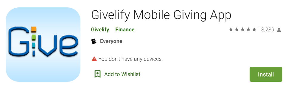 Givelify's Google Play review shows 5 stars