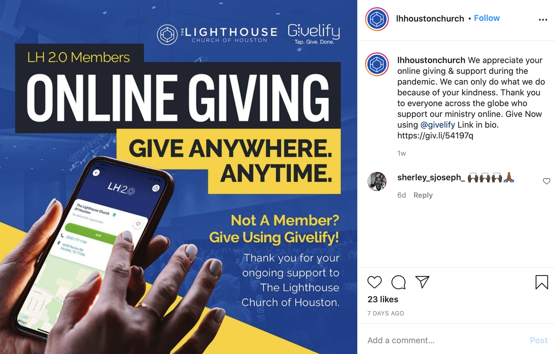 Lighthouse Church Instagram Post thanking members who give online through Givelify.